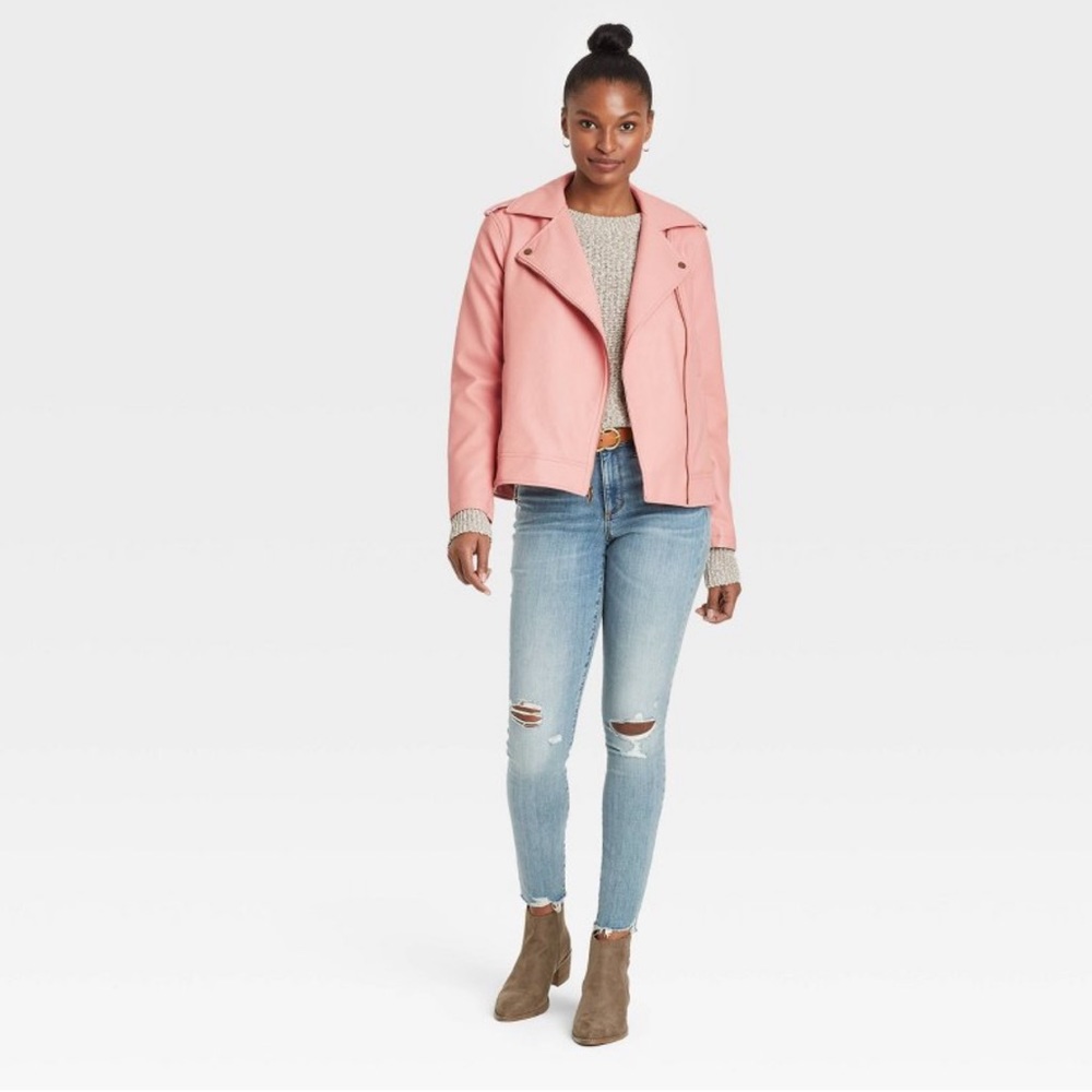 Pink Faux Leather Moto Jacket - Women's Casual Biker Style